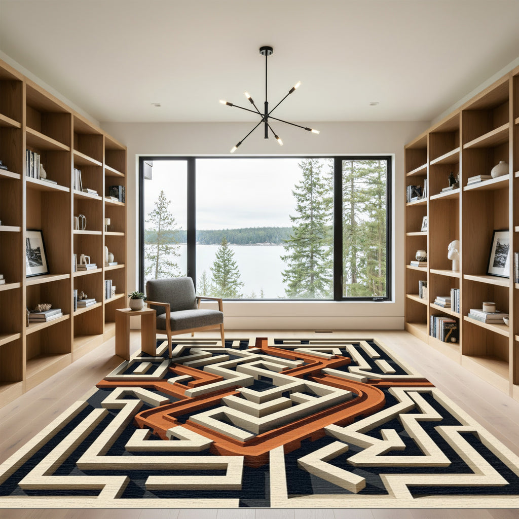 Geometric Amber And Cream Labyrinth Rug