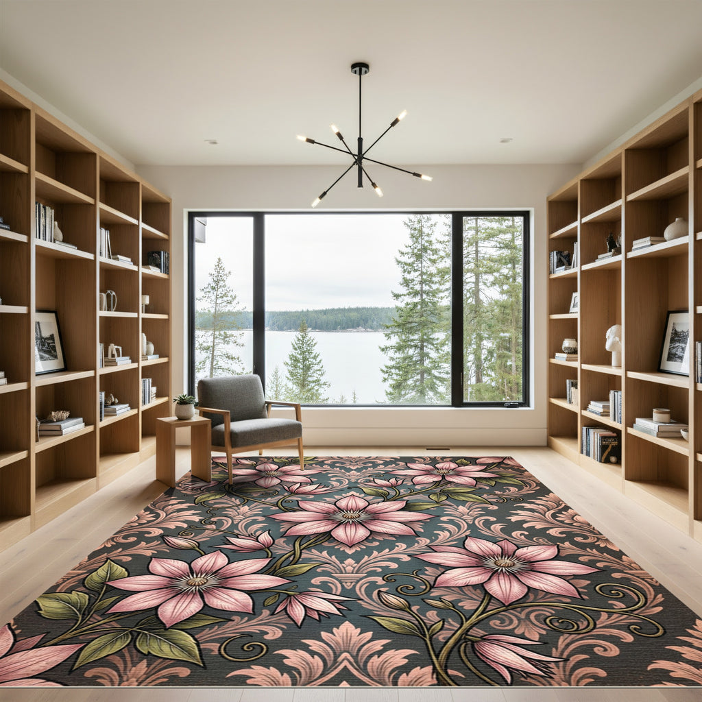 Elegant Pink Clematis Floral Damask Rug