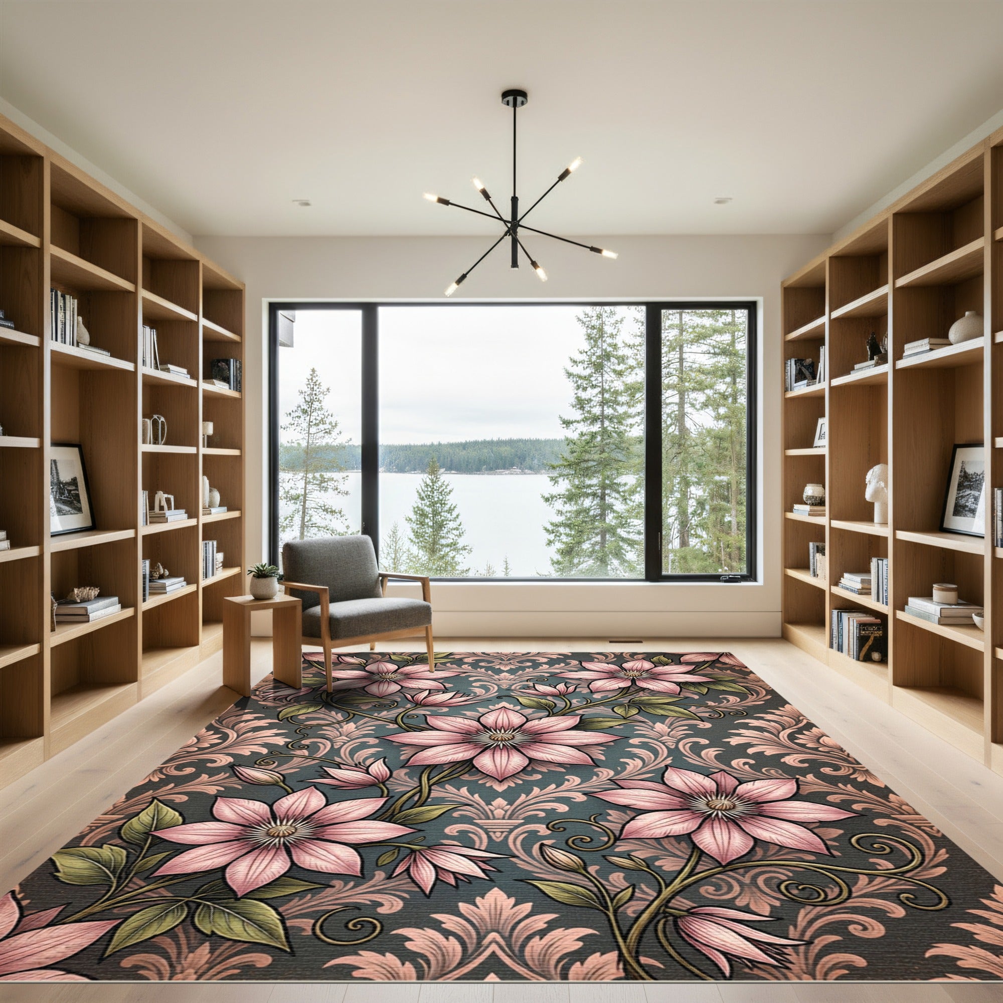 Elegant Pink Clematis Floral Damask Rug