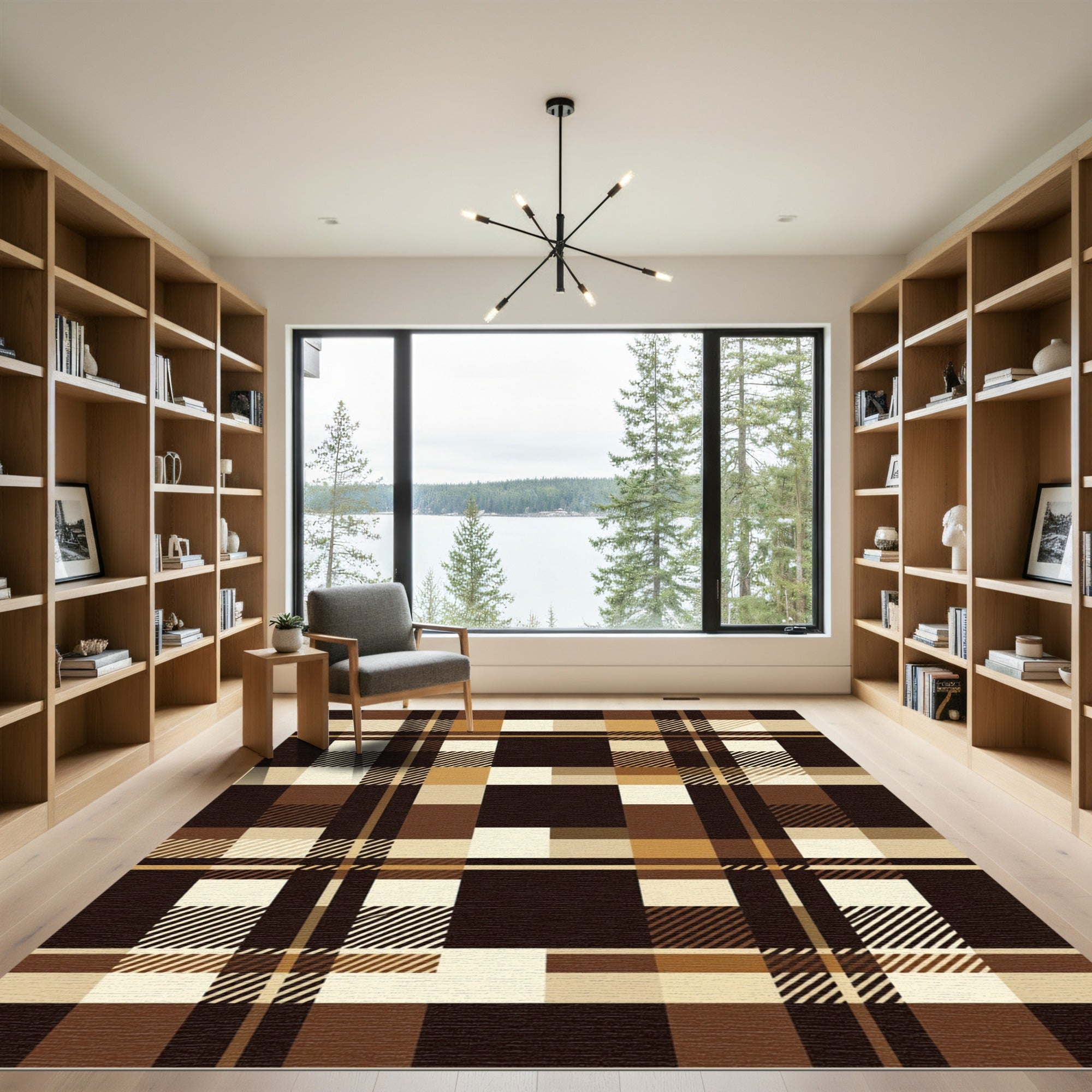 Warm Brown Plaid Crossing Lines Rug