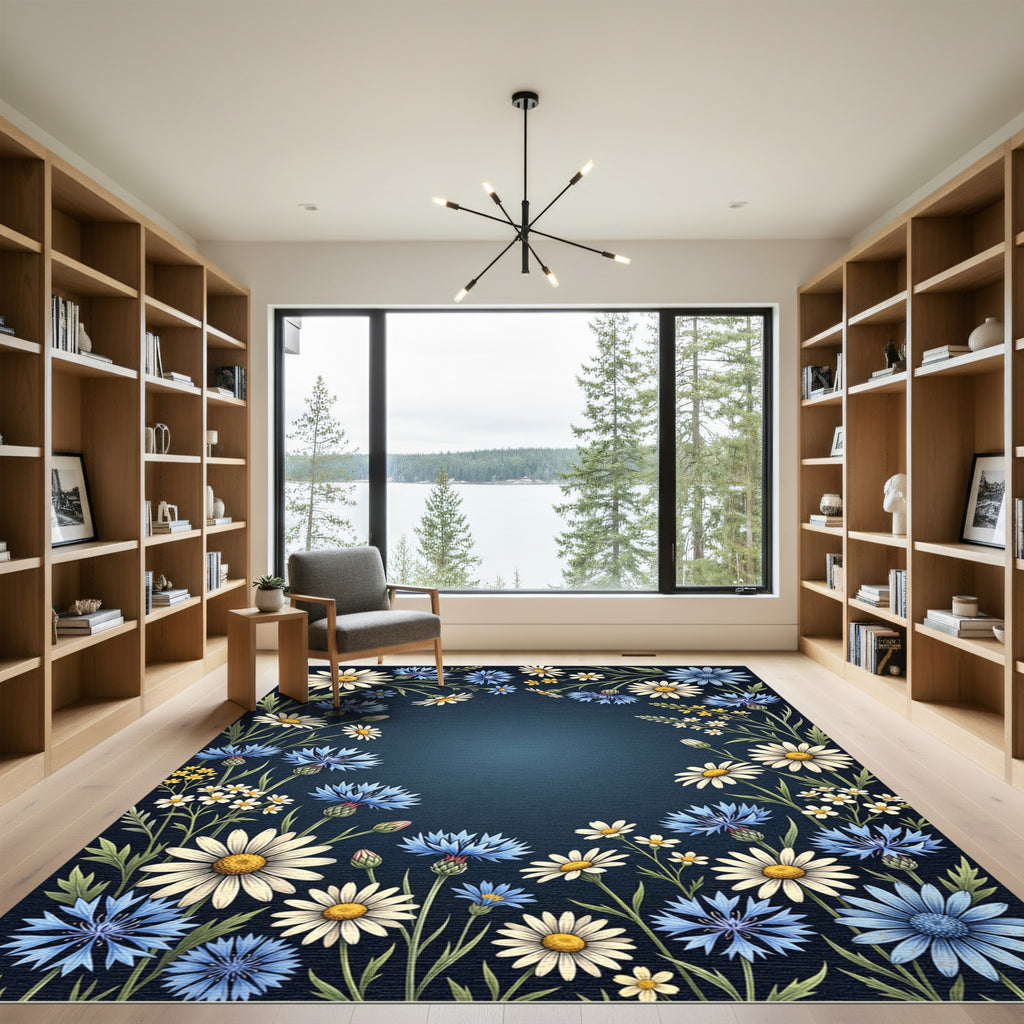 Wildflower Meadow Navy Botanical Frame Rug