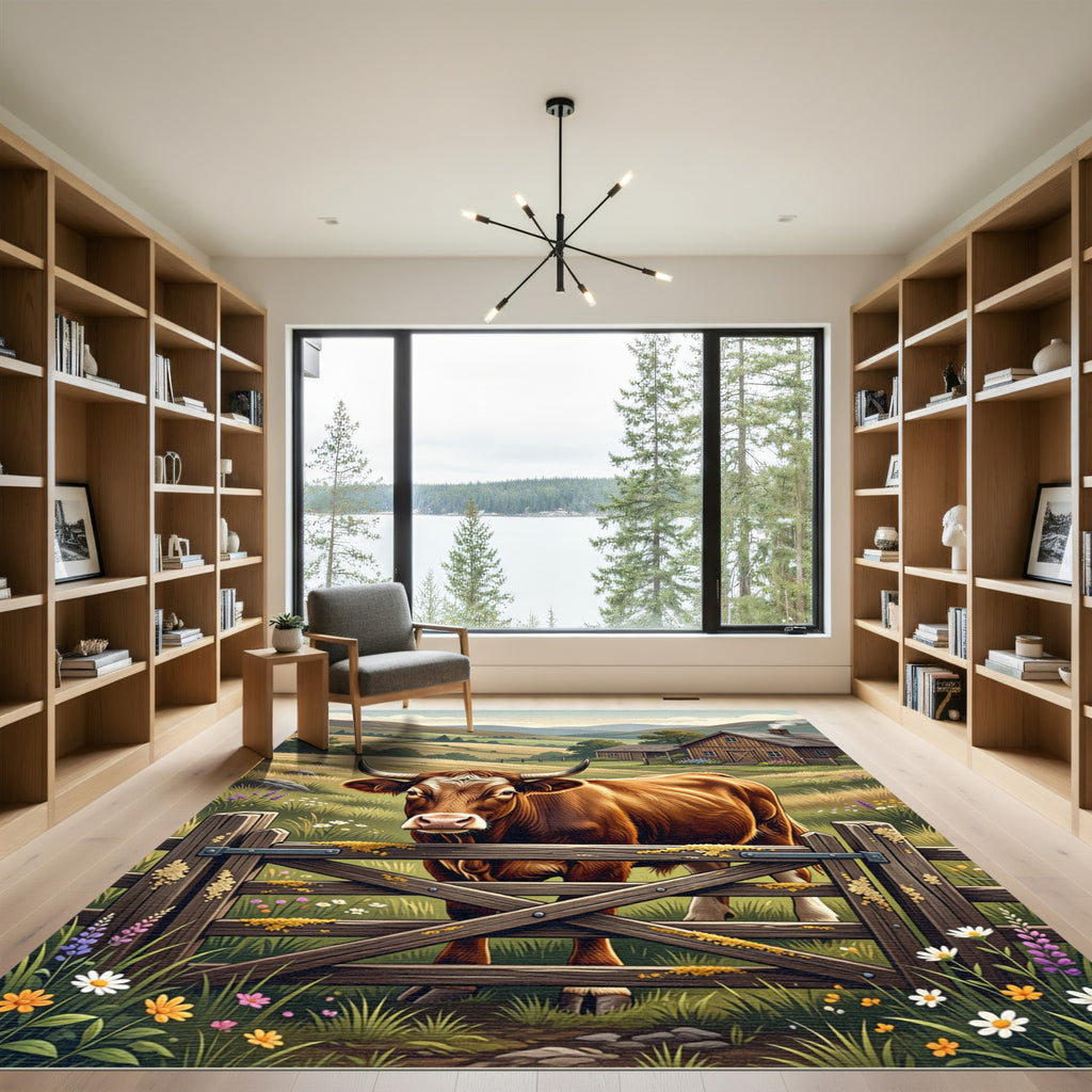 Pastoral Brown Highland Cow Meadow Scene Rug