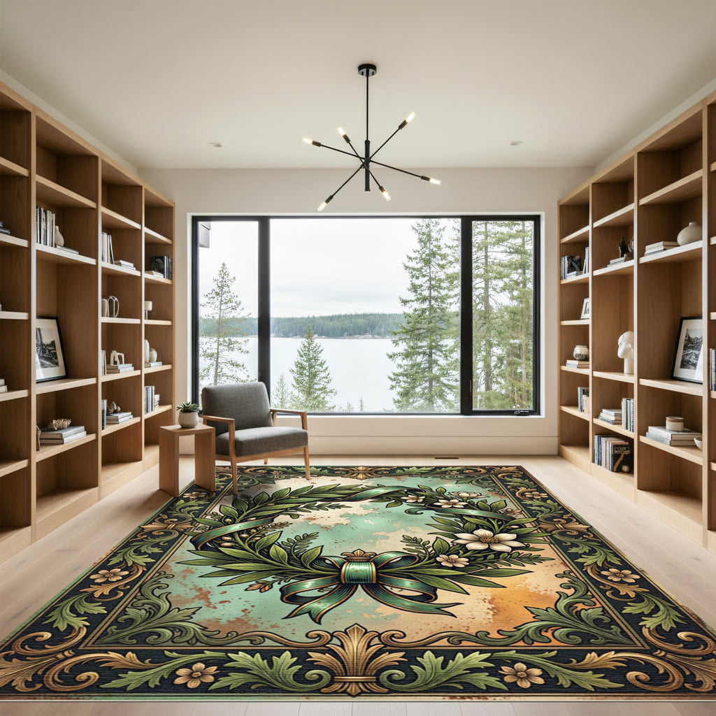 Elegant Sage Wreath Floral Scroll Frame Rug