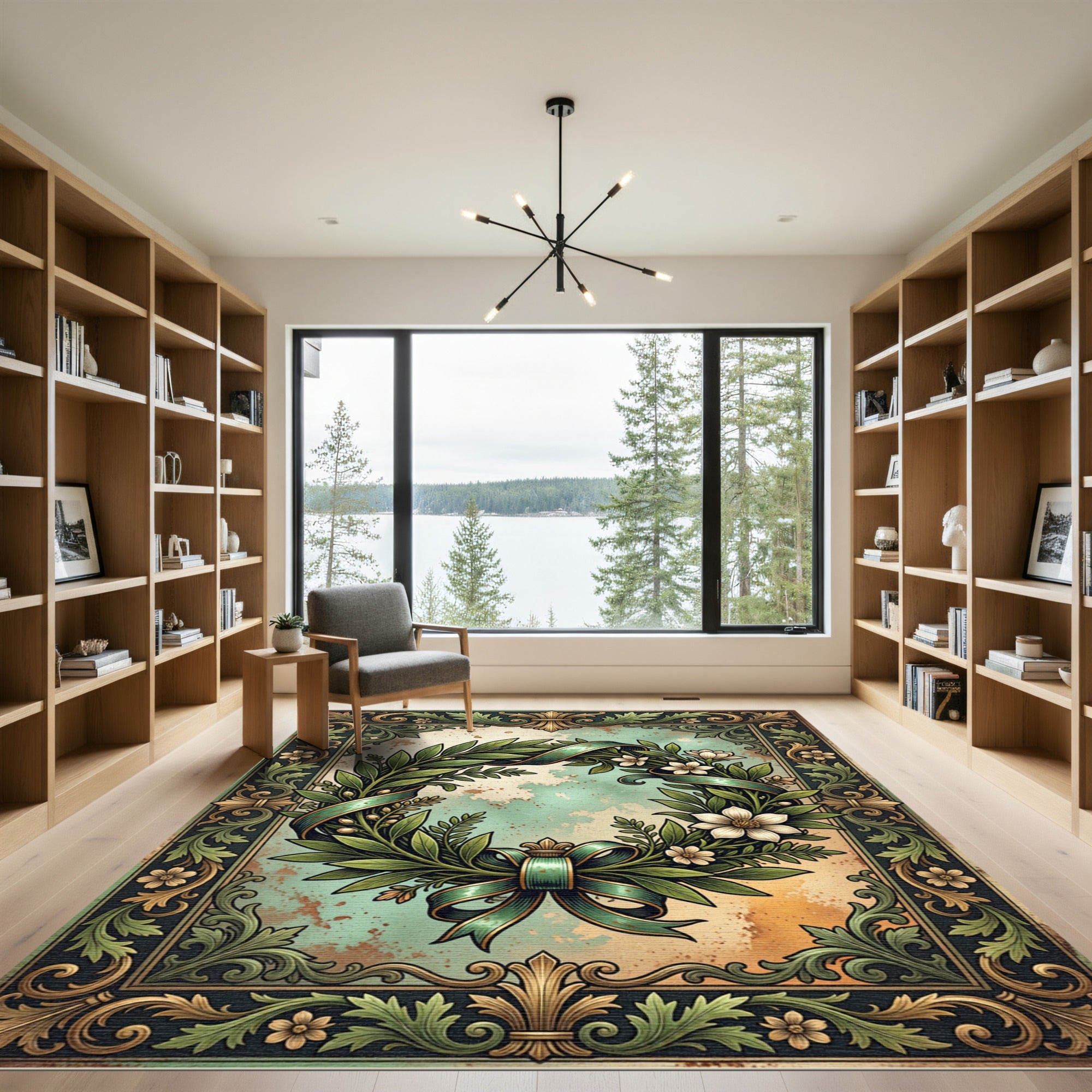 Elegant Sage Wreath Floral Scroll Frame Rug