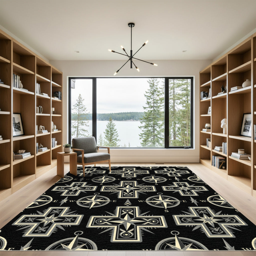 Dark Gray Compass Cross Mosaic Rug