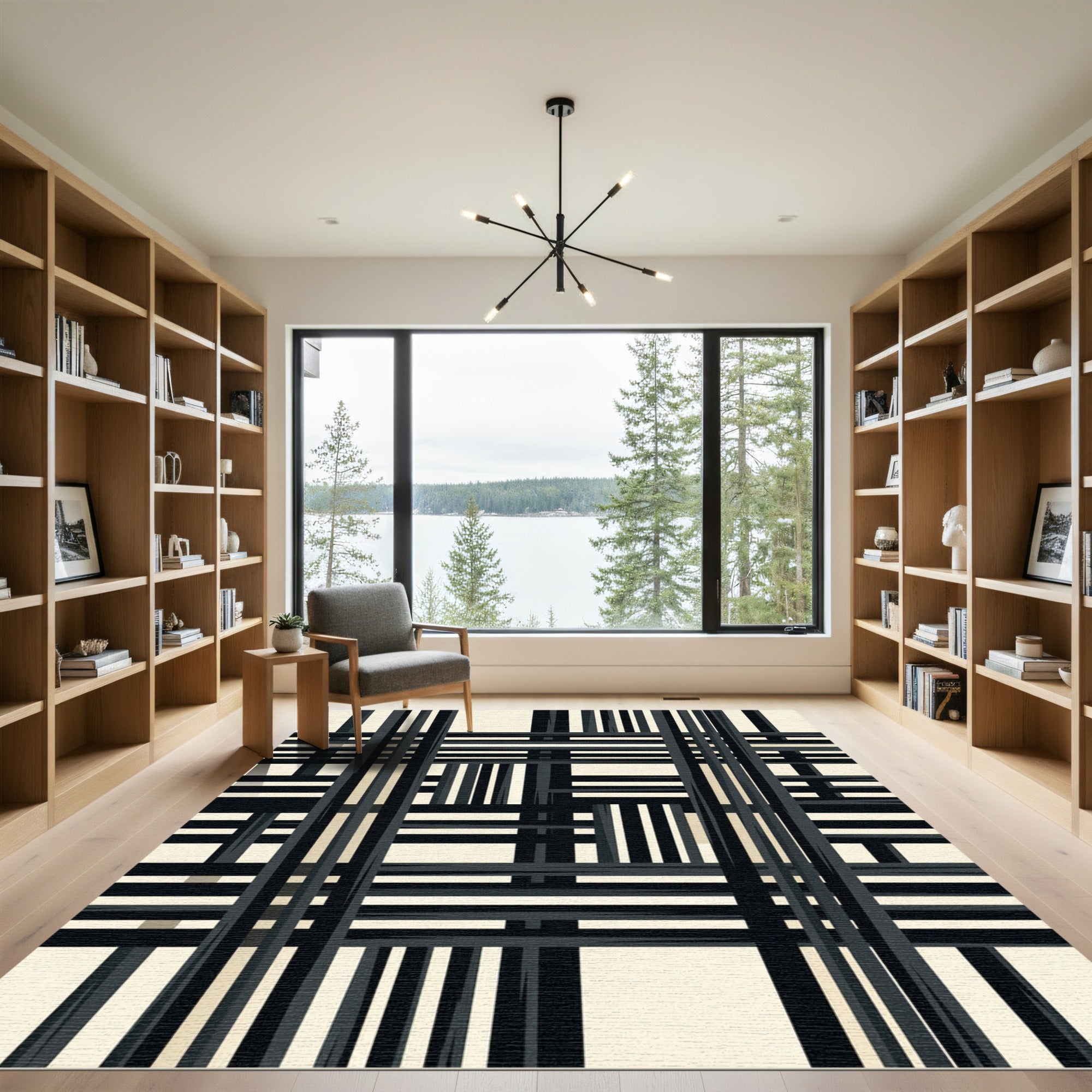 Abstract Black Cream Intersecting Lines Rug