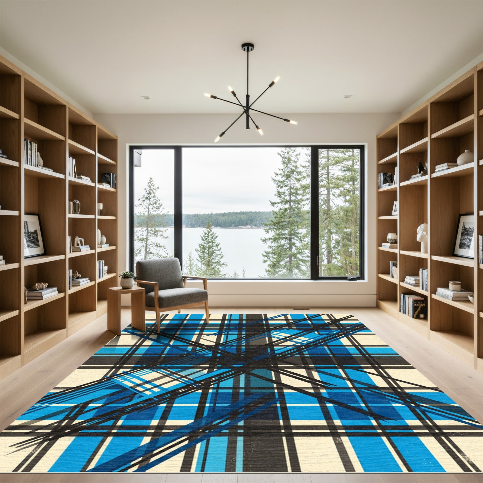 Bold Blue Geometric Tartan Cross Hatch Rug