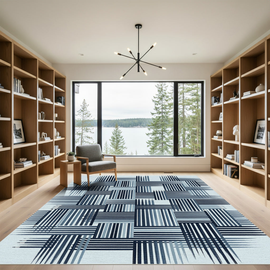 Minimalist Navy Blue Pencil Stripe Grid Rug