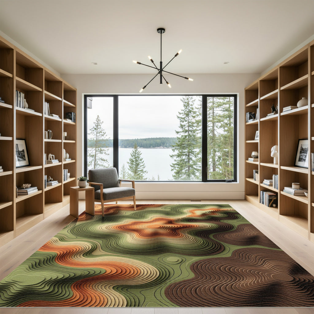 Earthy Contoured Topographic Layered Abstract Rug
