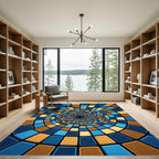 Modern Blue and Gold Spiral Vortex Rug
