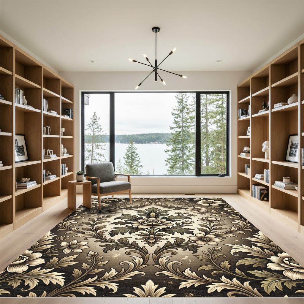 Elegant Sepia Floral Damask Art Rug