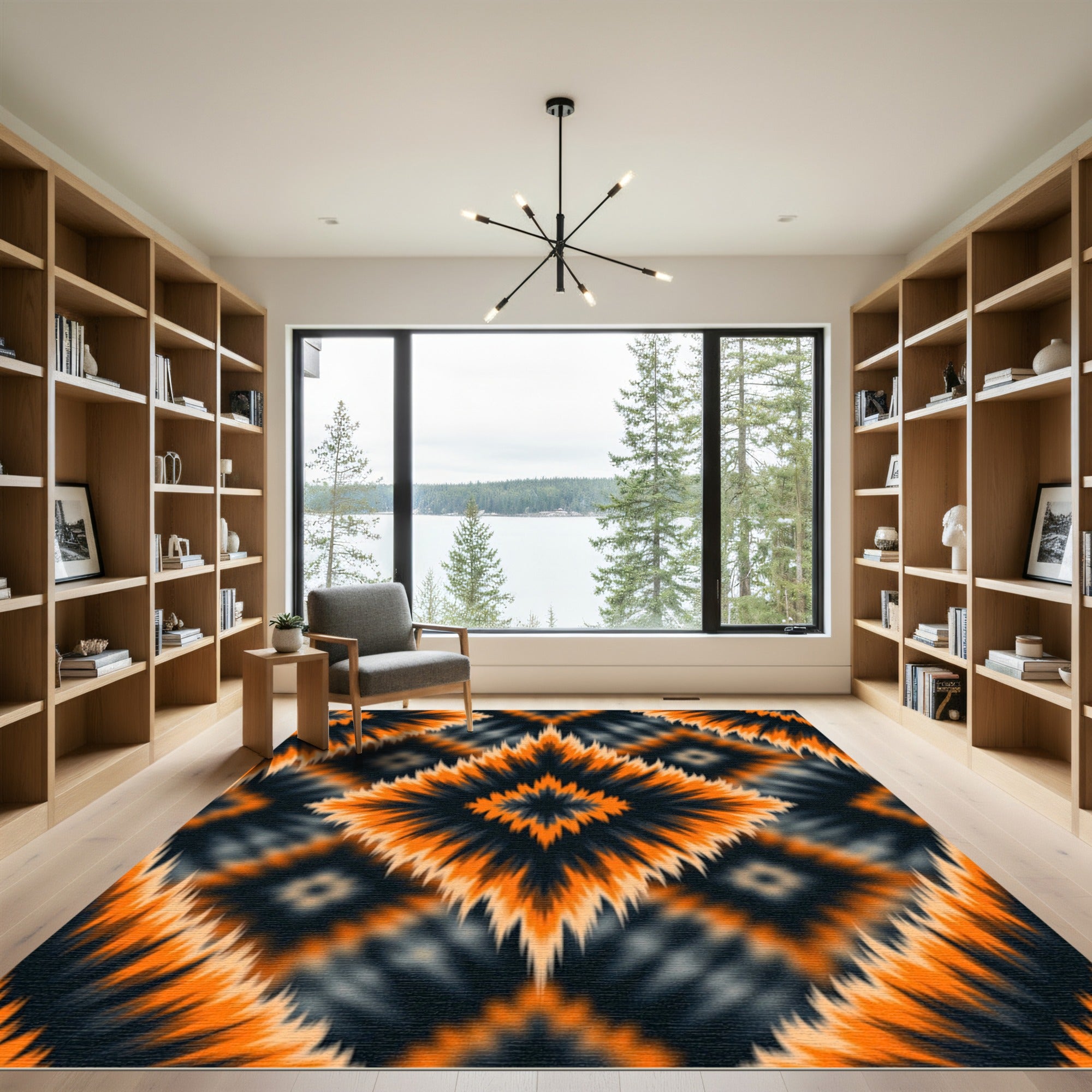 Bold Vivid Orange Black Diamond Ikat Rug