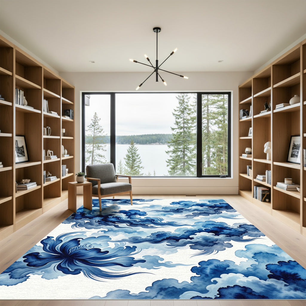 Indigo Watercolor Floral and Cloud Swirl Rug