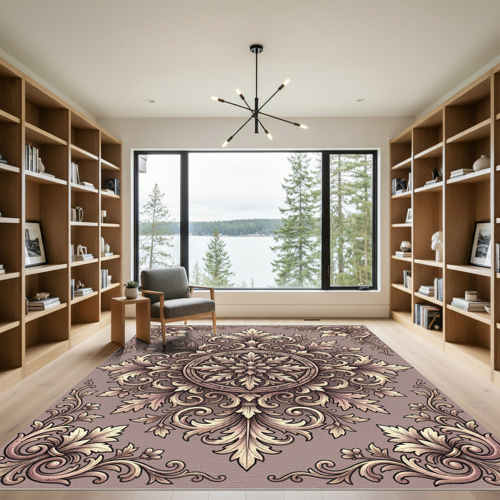 Vintage Beige Acanthus Scroll Medallion Rug