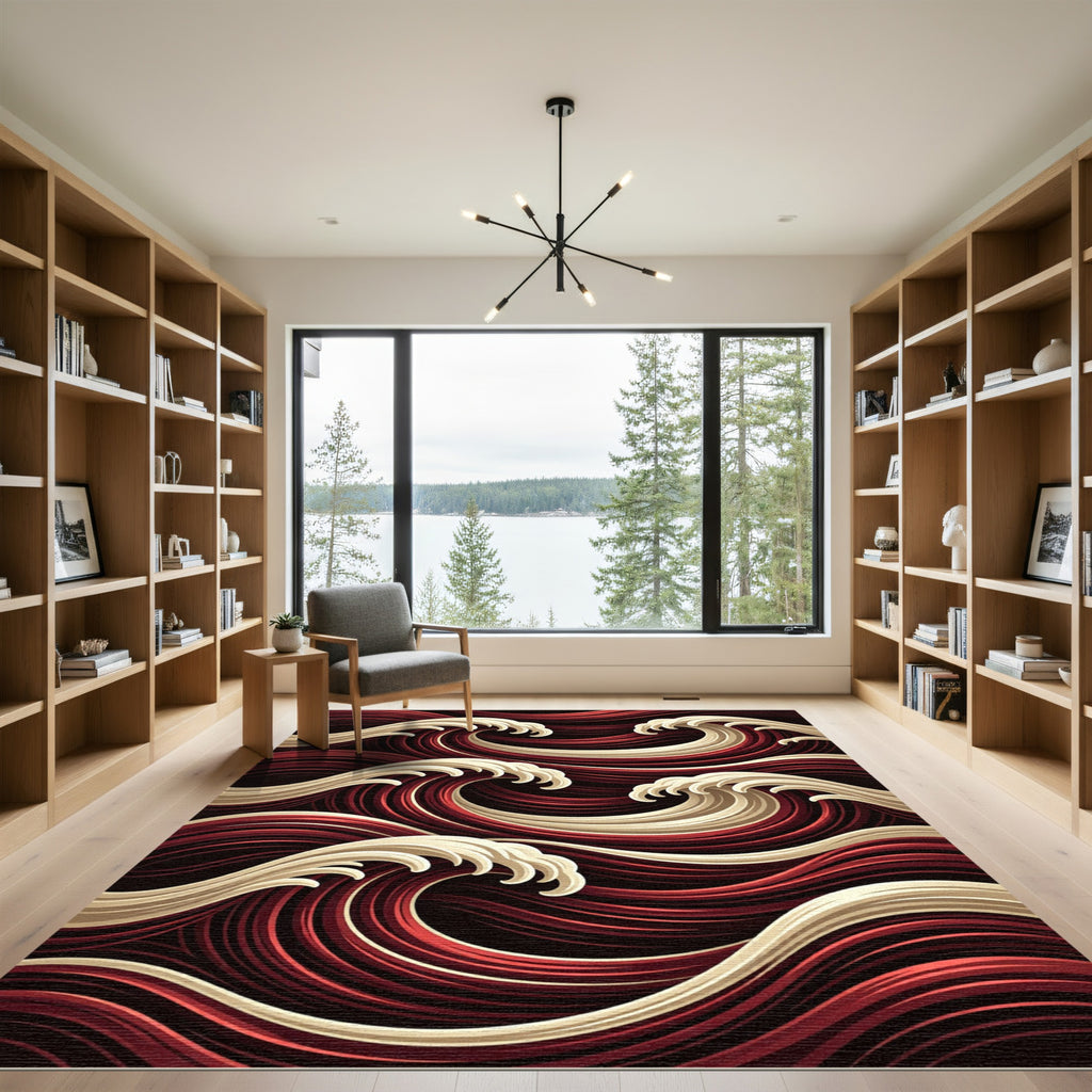 Crimson Cream Dynamic Wave Flow Rug