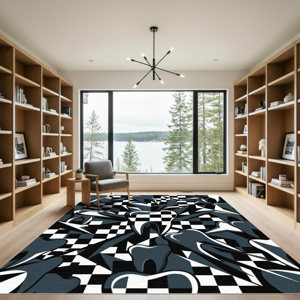 Monochrome Abstract Tooth Checkered Art Rug