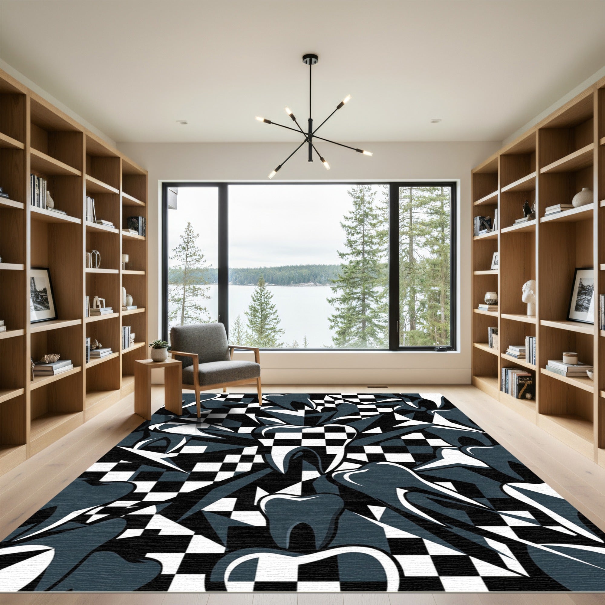 Monochrome Abstract Tooth Checkered Art Rug