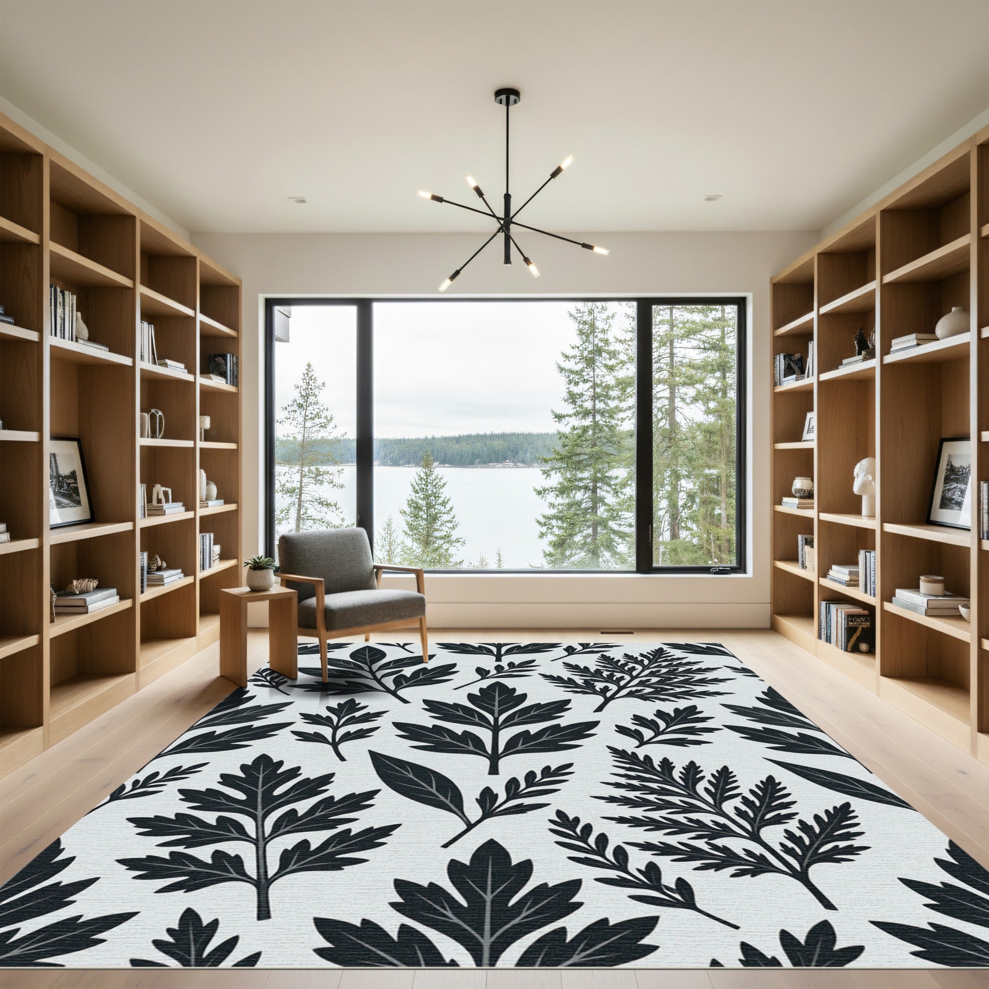 Monochromatic Botanical Leaf Willow Rug