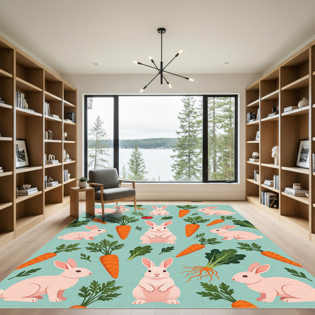 Playful Pastel Rabbit and Carrot Field Rug