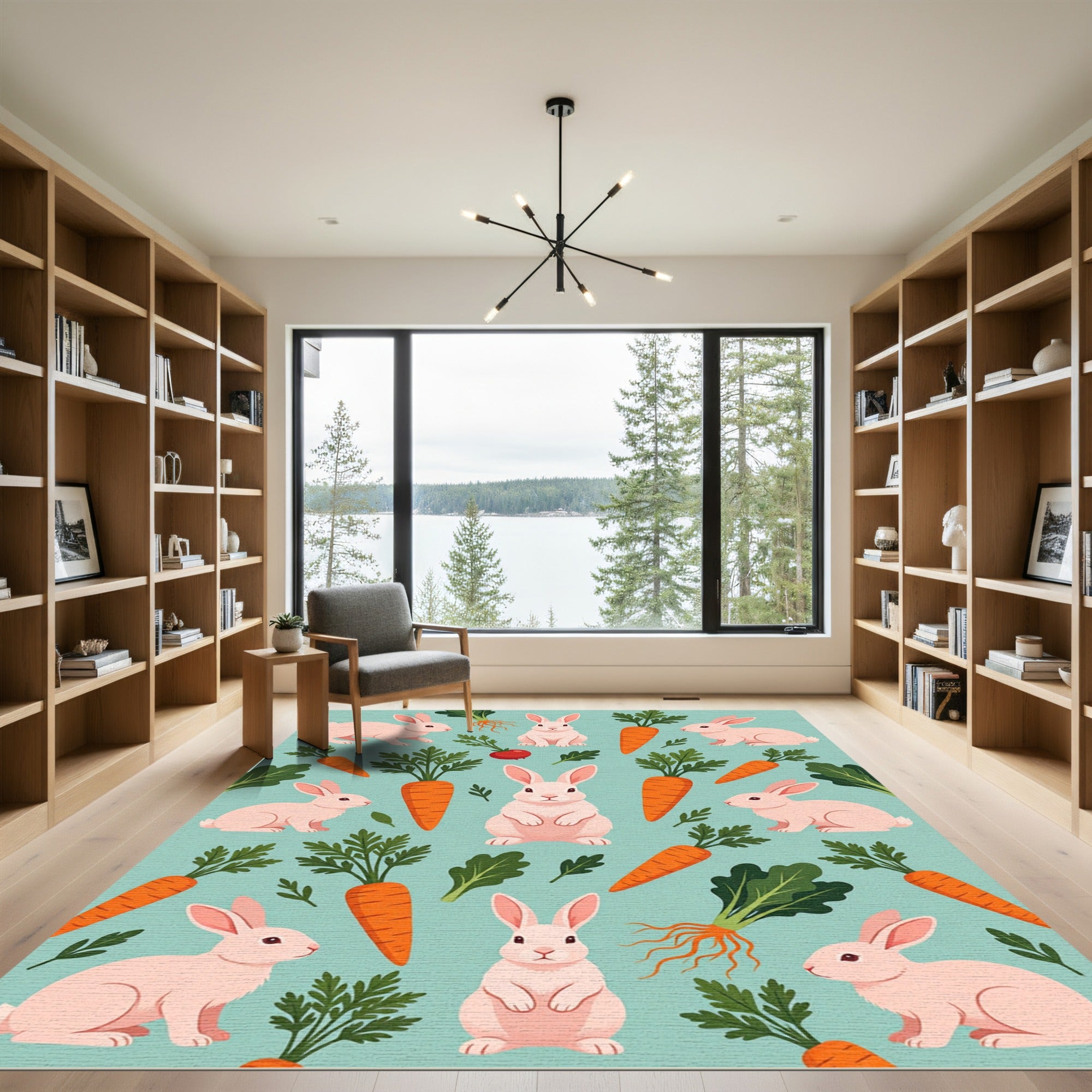 Playful Pastel Rabbit and Carrot Field Rug