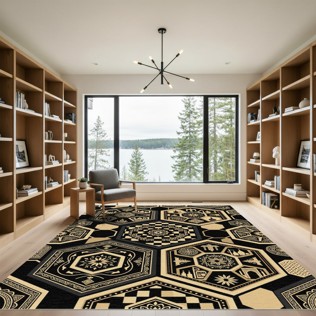 Monochrome Geometric Hexagon Islamic Art Rug