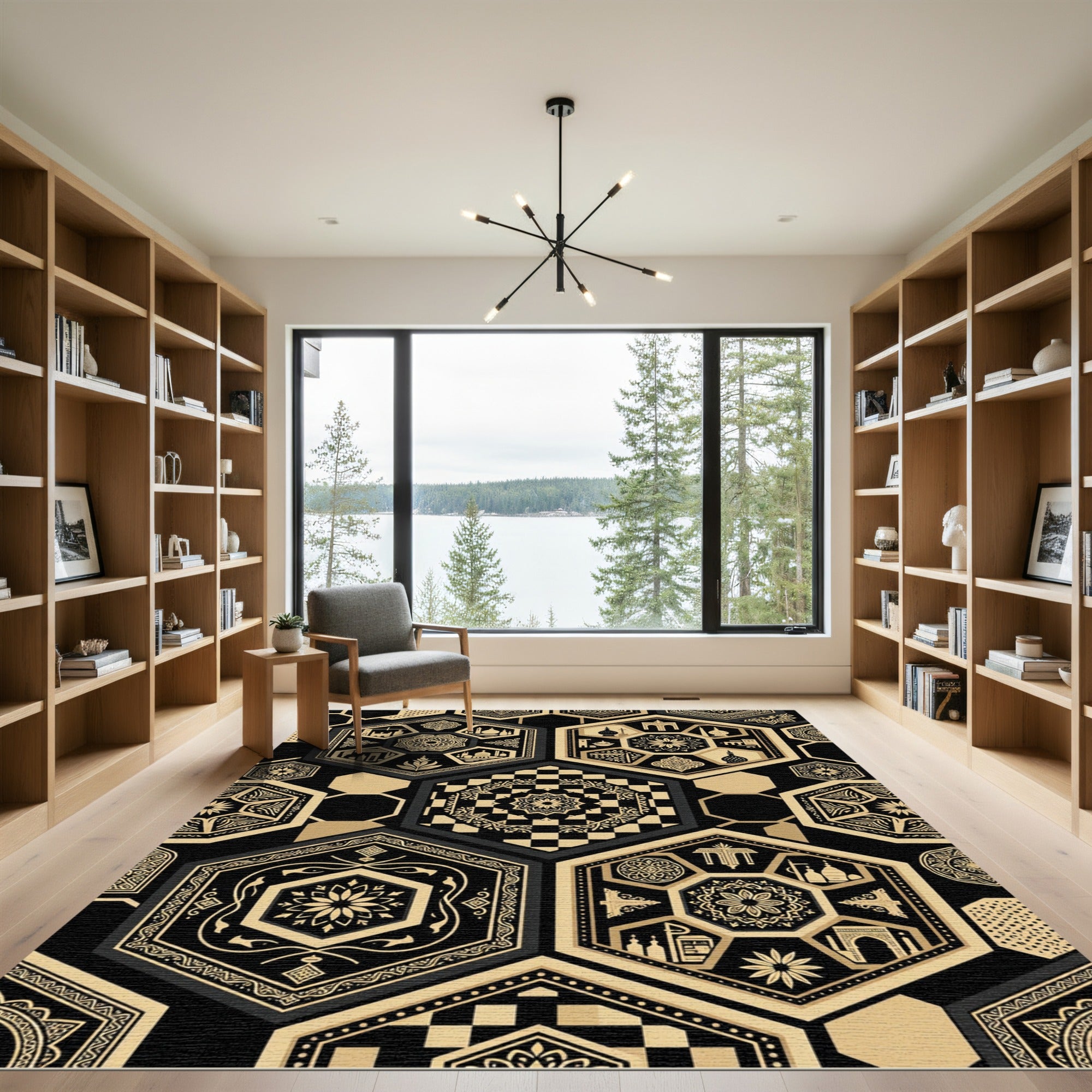 Monochrome Geometric Hexagon Islamic Art Rug