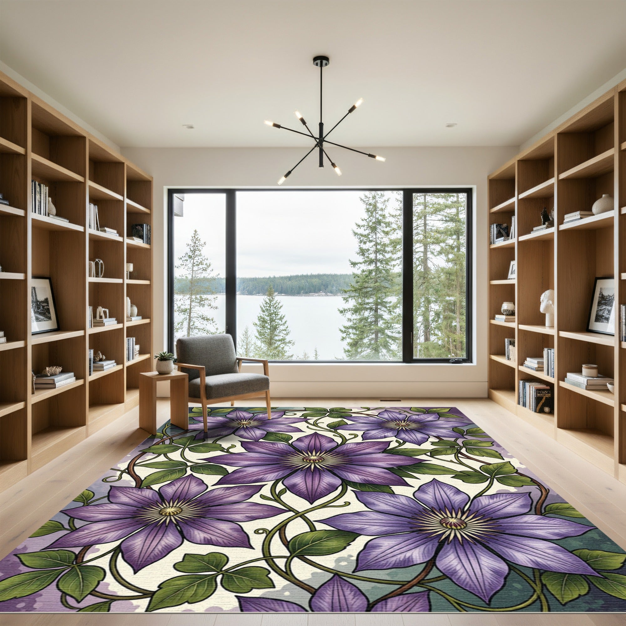Vivid Purple Clematis Botanical Illustration Rug