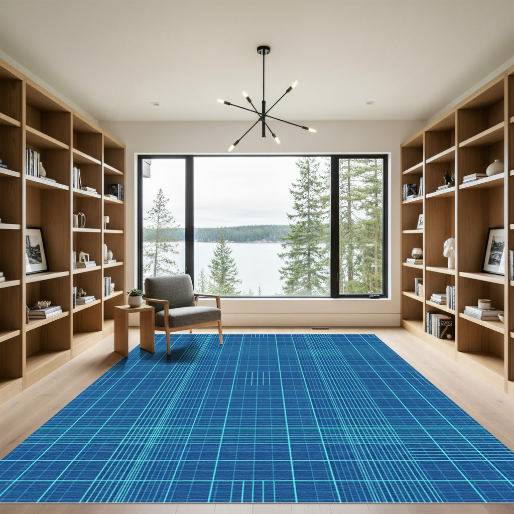 Modern Cobalt Blue Grid Network Rug