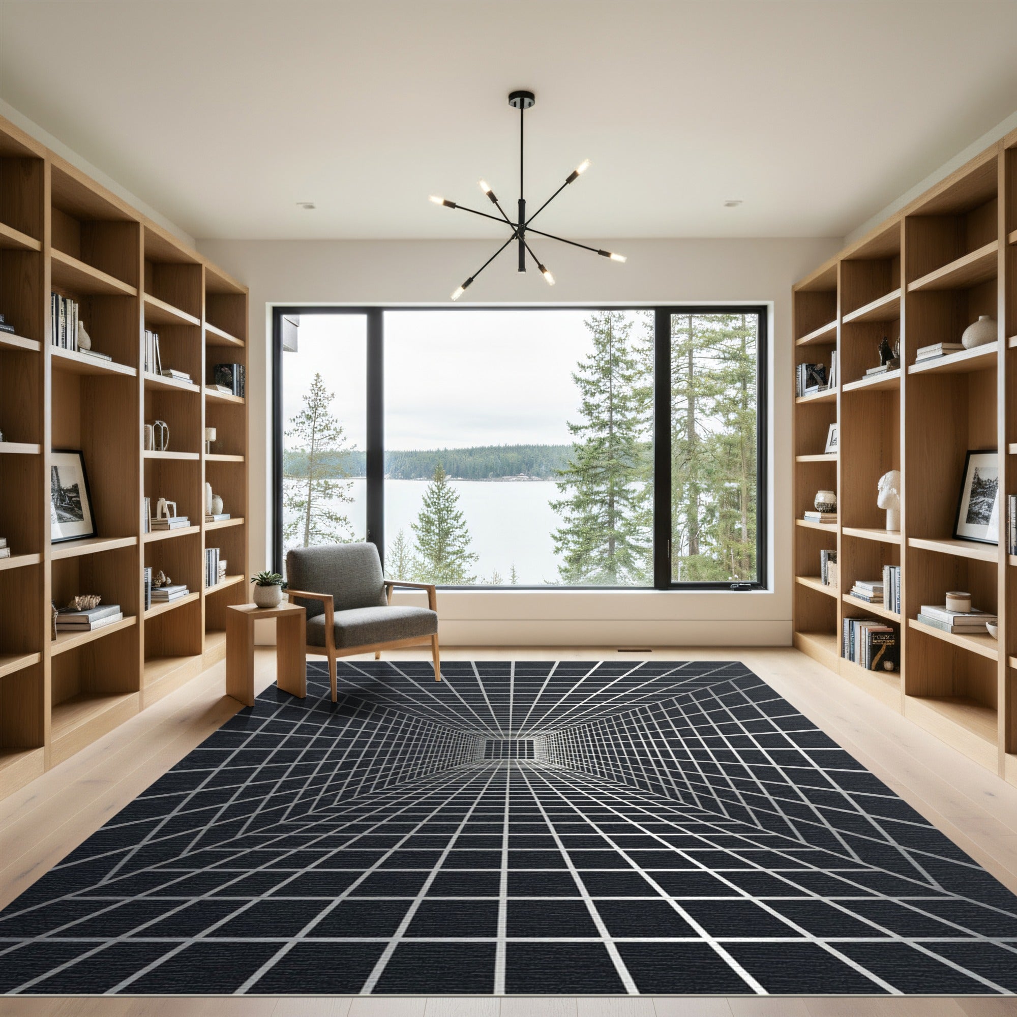 Monochrome Geometric Perspective Linear Grid Rug