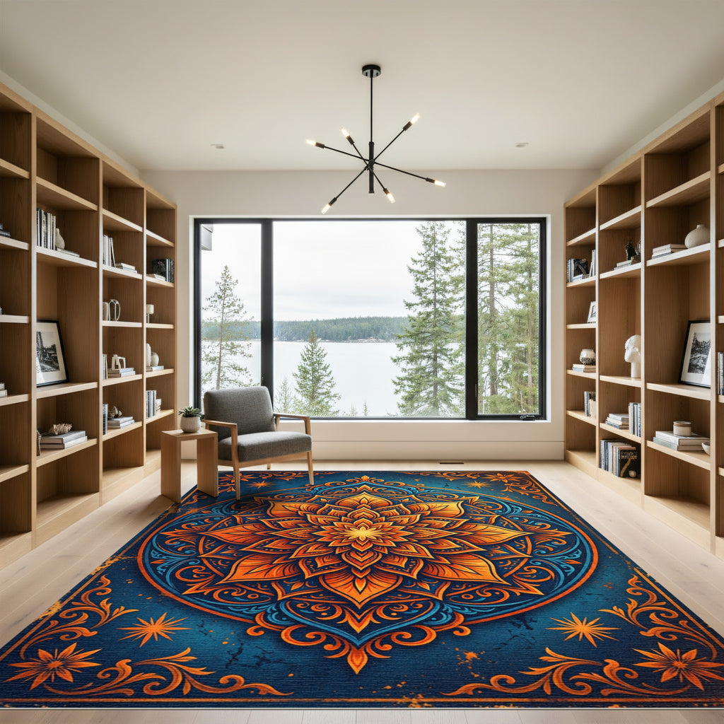 Golden Floral Mandala on Navy Blue Rug