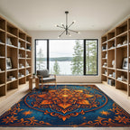Golden Floral Mandala on Navy Blue Rug