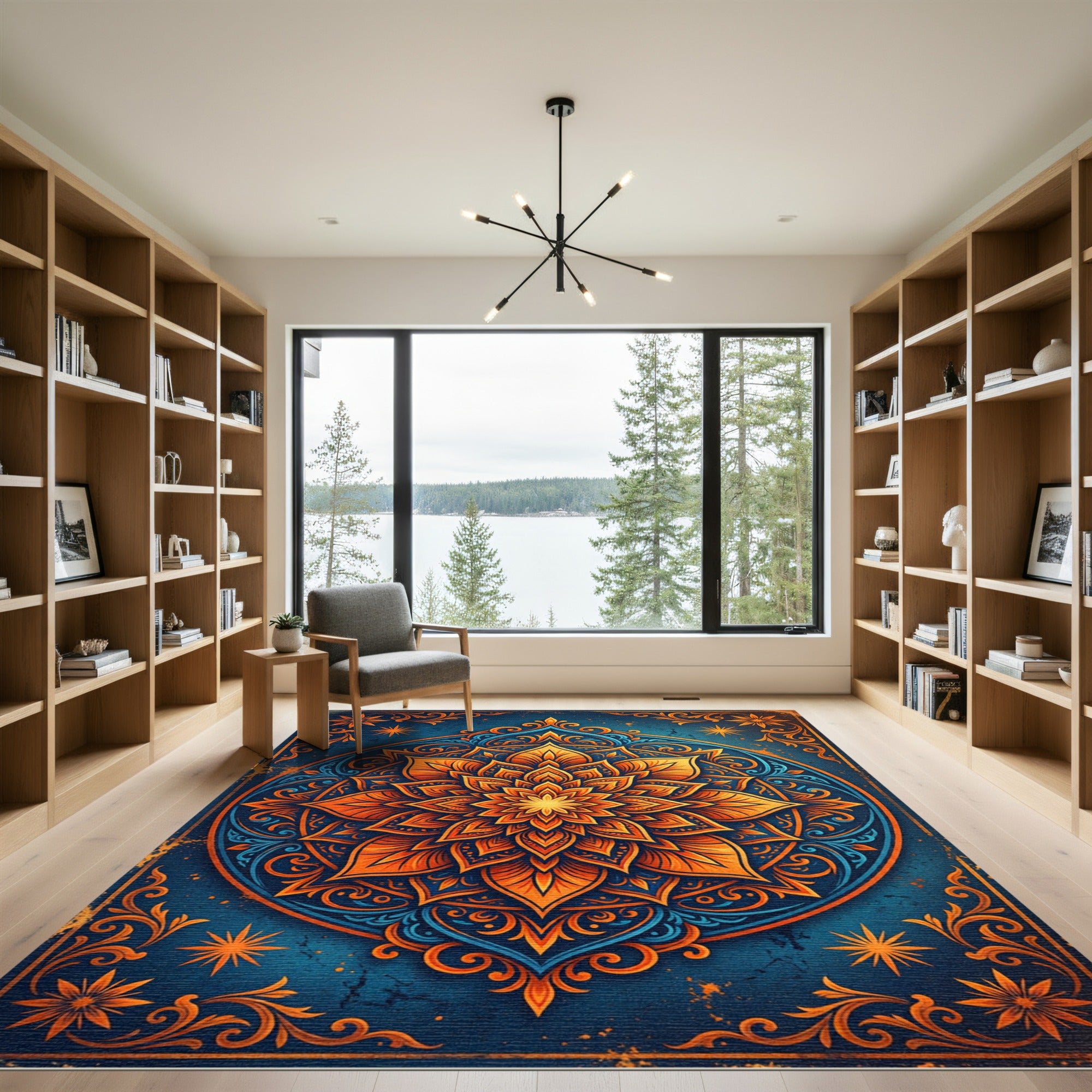 Golden Floral Mandala on Navy Blue Rug