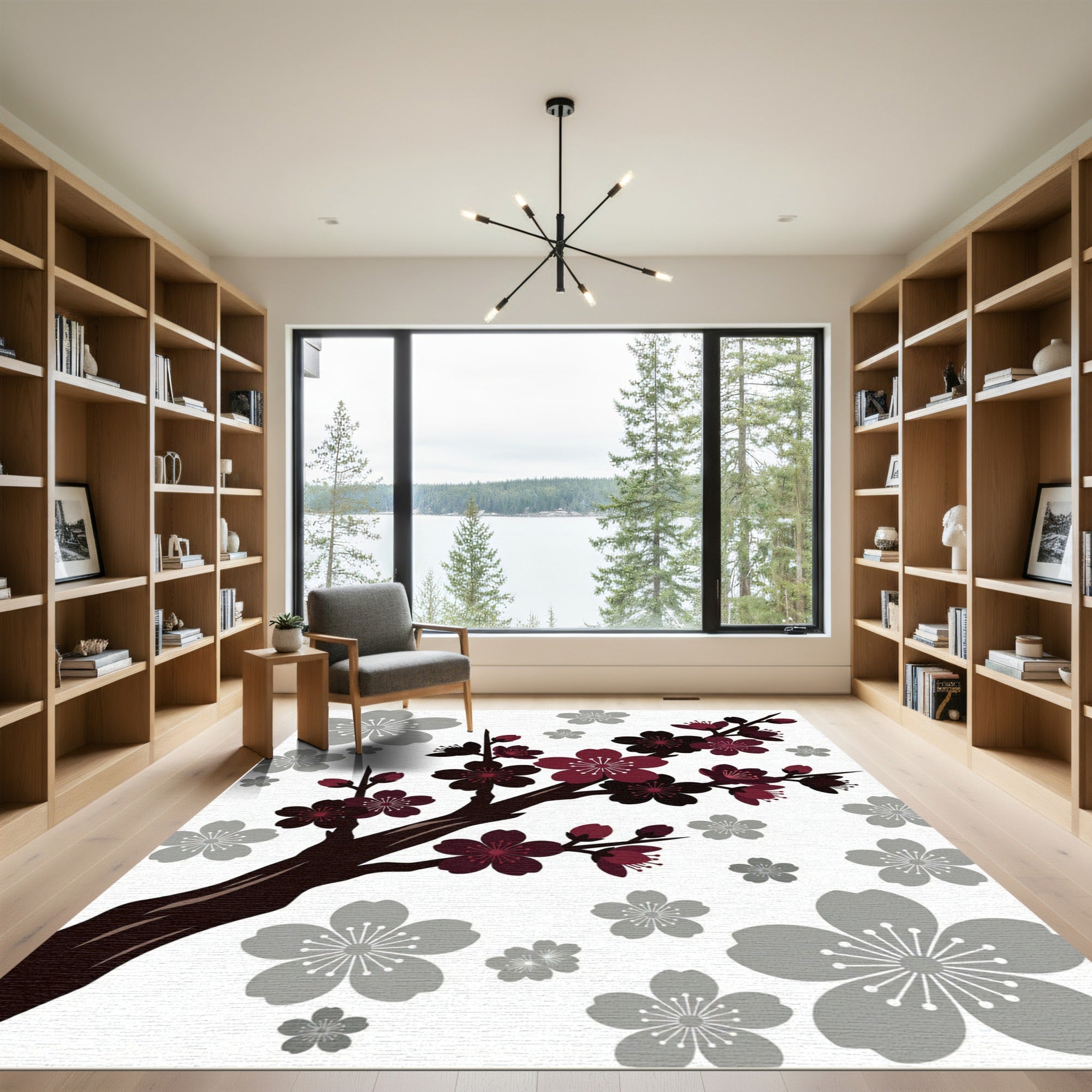 Crimson Gray Cherry Blossoms Branch Rug