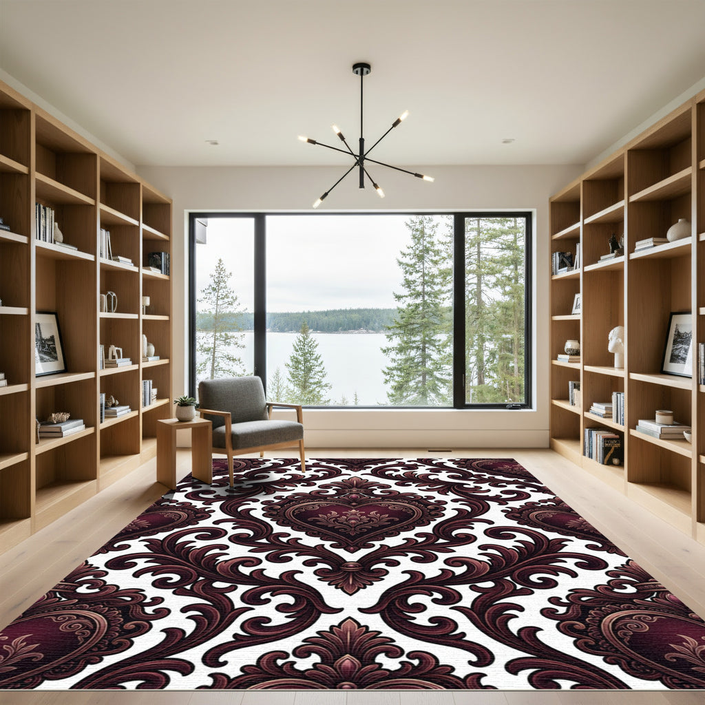 Dark Burgundy Baroque Heart Scroll Rug
