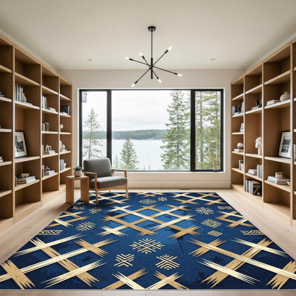 Golden Angular Lattice on Navy Rug
