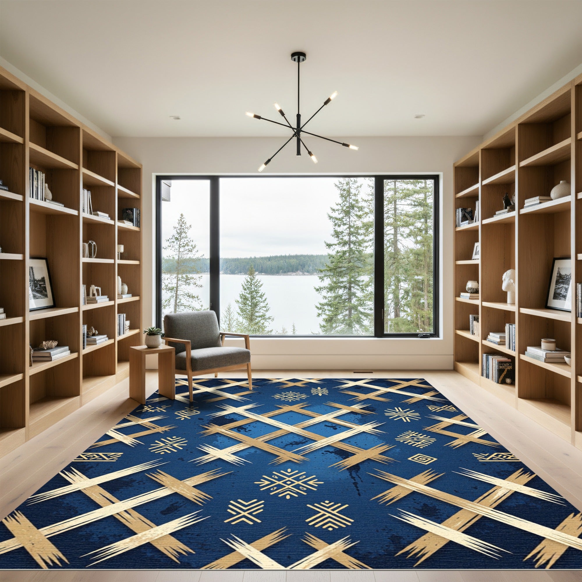 Golden Angular Lattice on Navy Rug