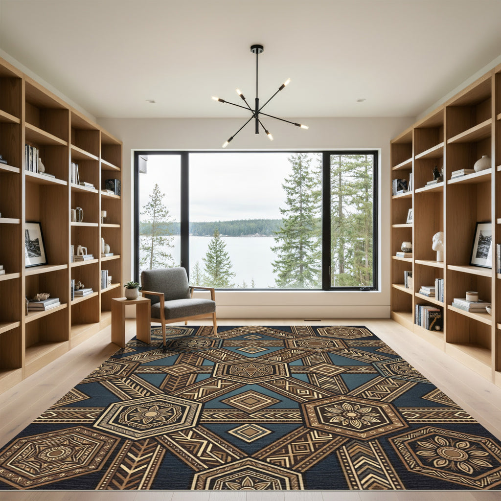 Geometric Hexagon Medallion Earthy Bronze Rug