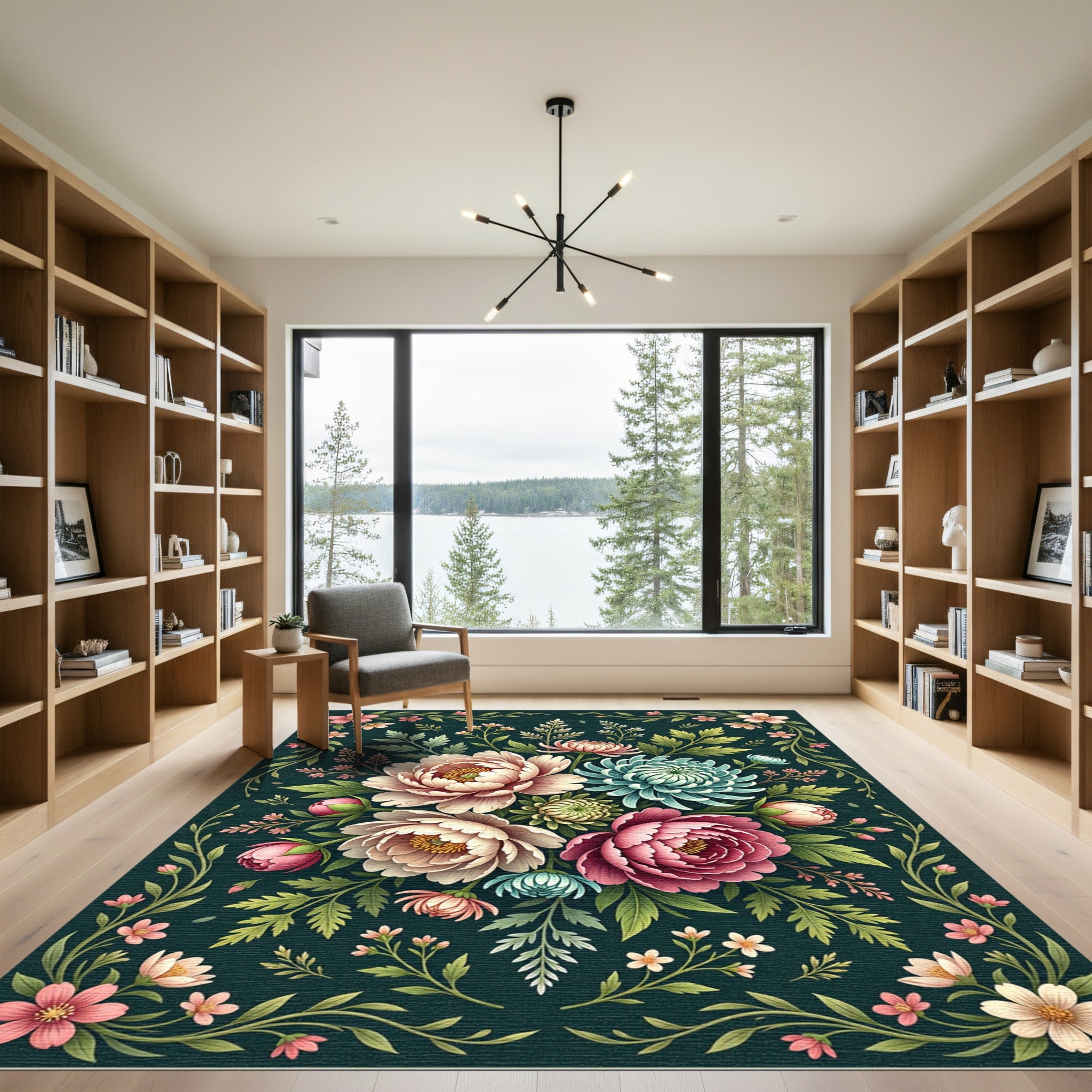 Lush Dark Floral Botanical Peony Bouquet Rug