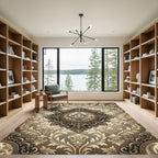 Ornamental Beige Floral Damask Medallion Rug