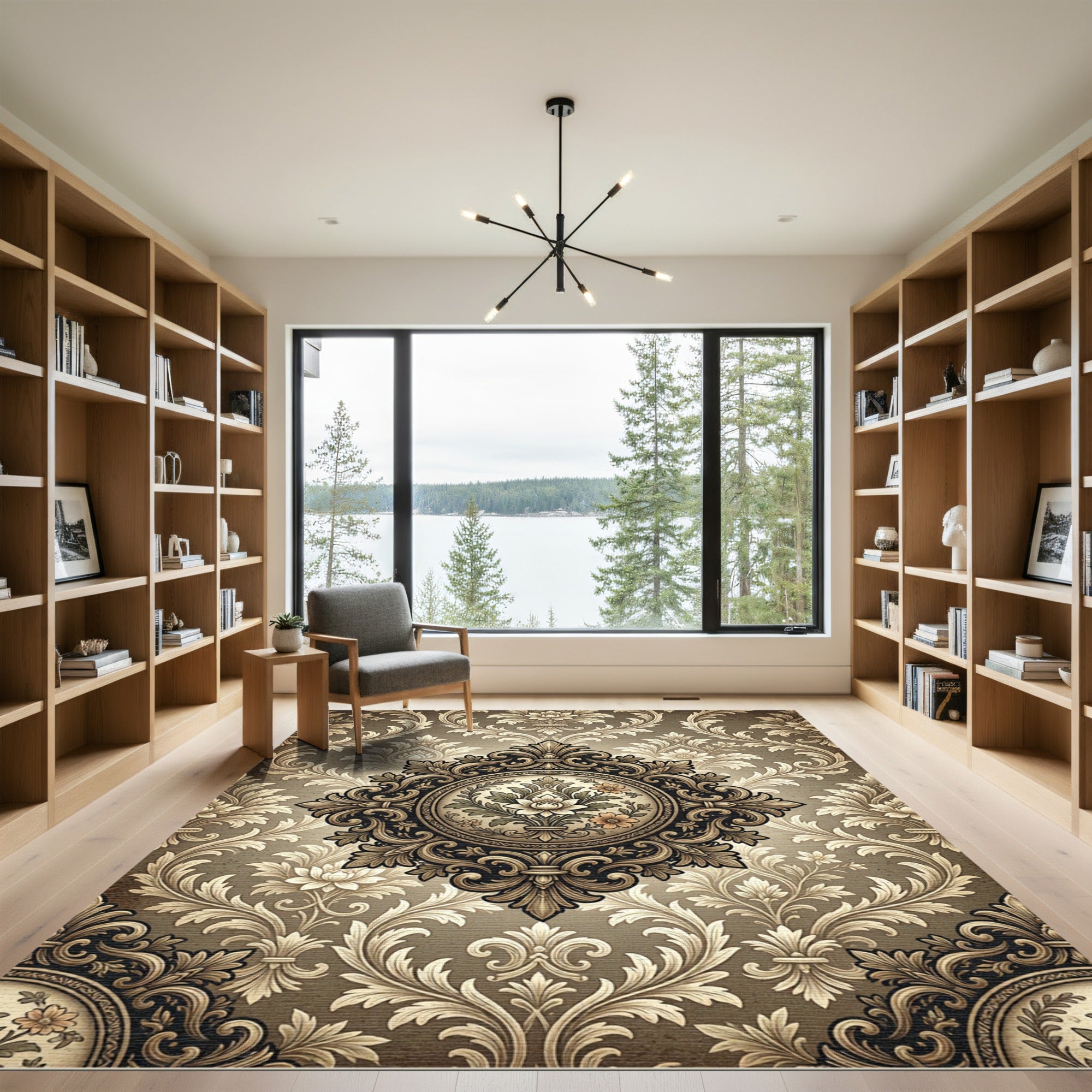 Ornamental Beige Floral Damask Medallion Rug