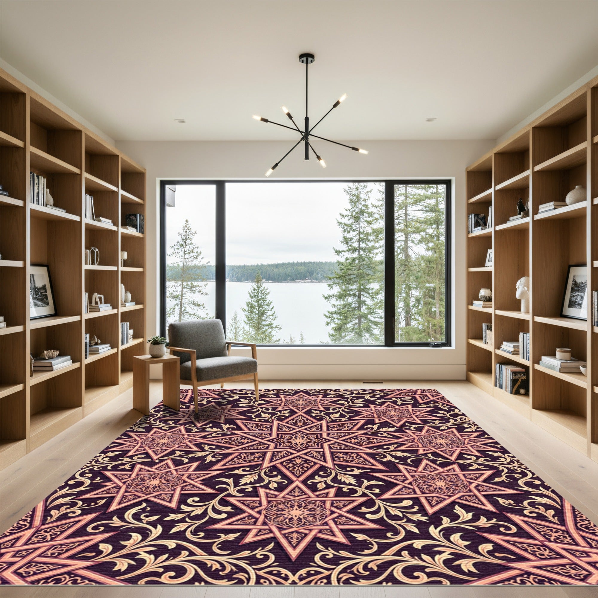 Burgundy Golden Star Intricate Filigree Rug