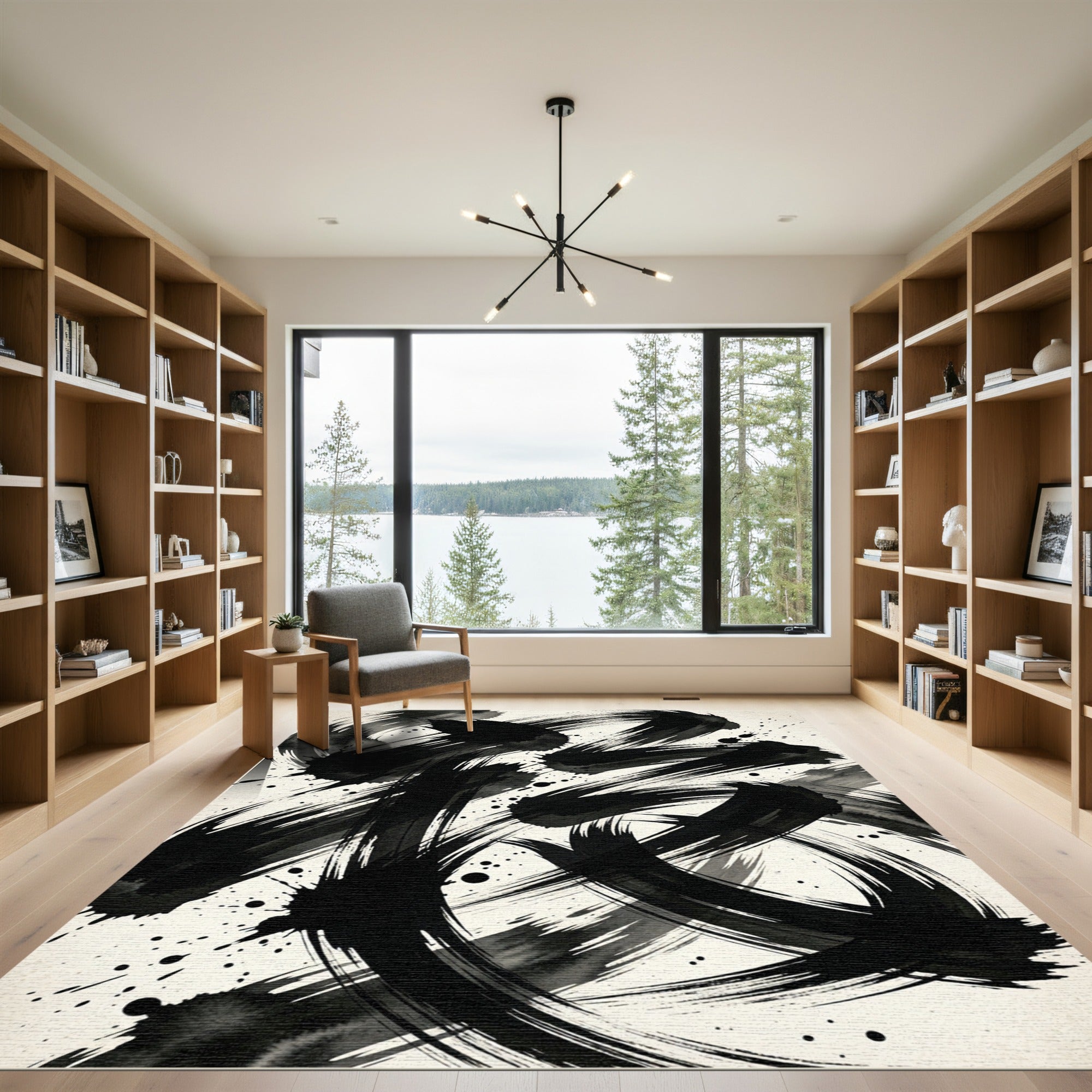 Bold Black Ink Brush Strokes Rug