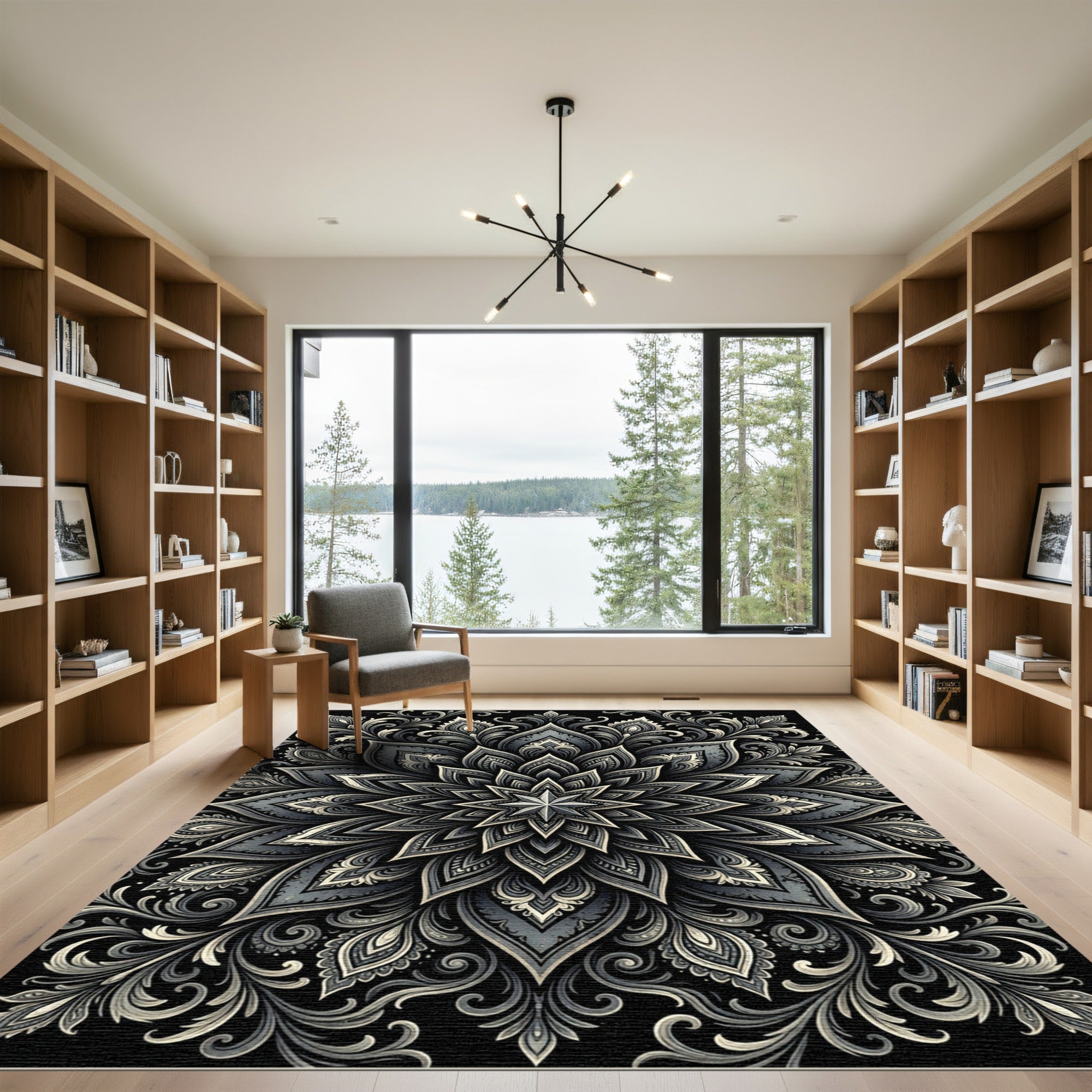 Monochromatic Slate Floral Mandala Rug