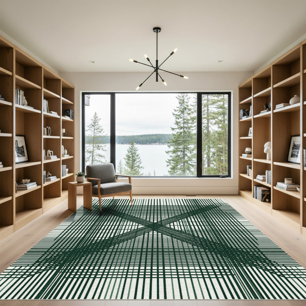 Dark Green Crossed Line Arrangement Rug