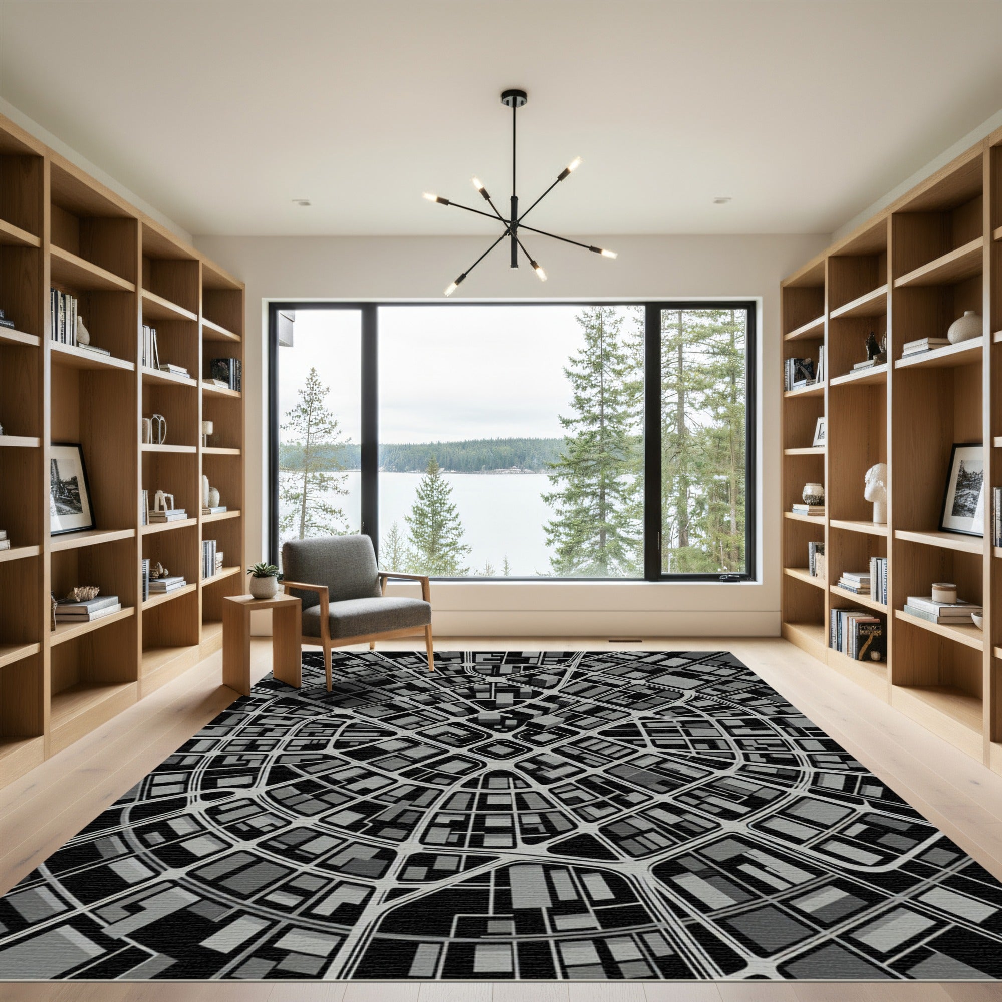 Modern Gray Urban Cityscape Grid Rug