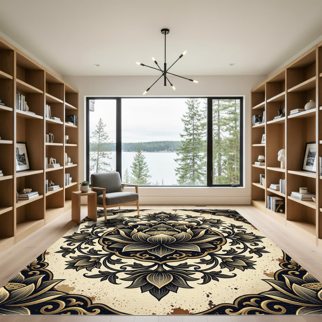 Elegant Gold and Black Lotus Mandala Rug