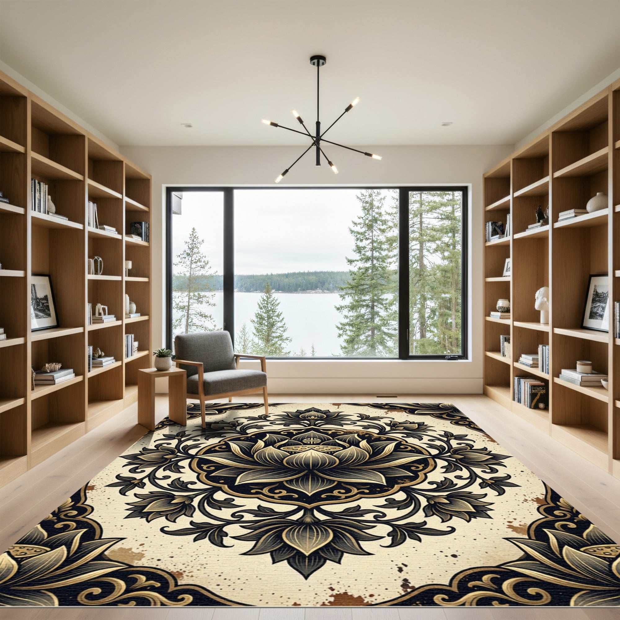 Elegant Gold and Black Lotus Mandala Rug
