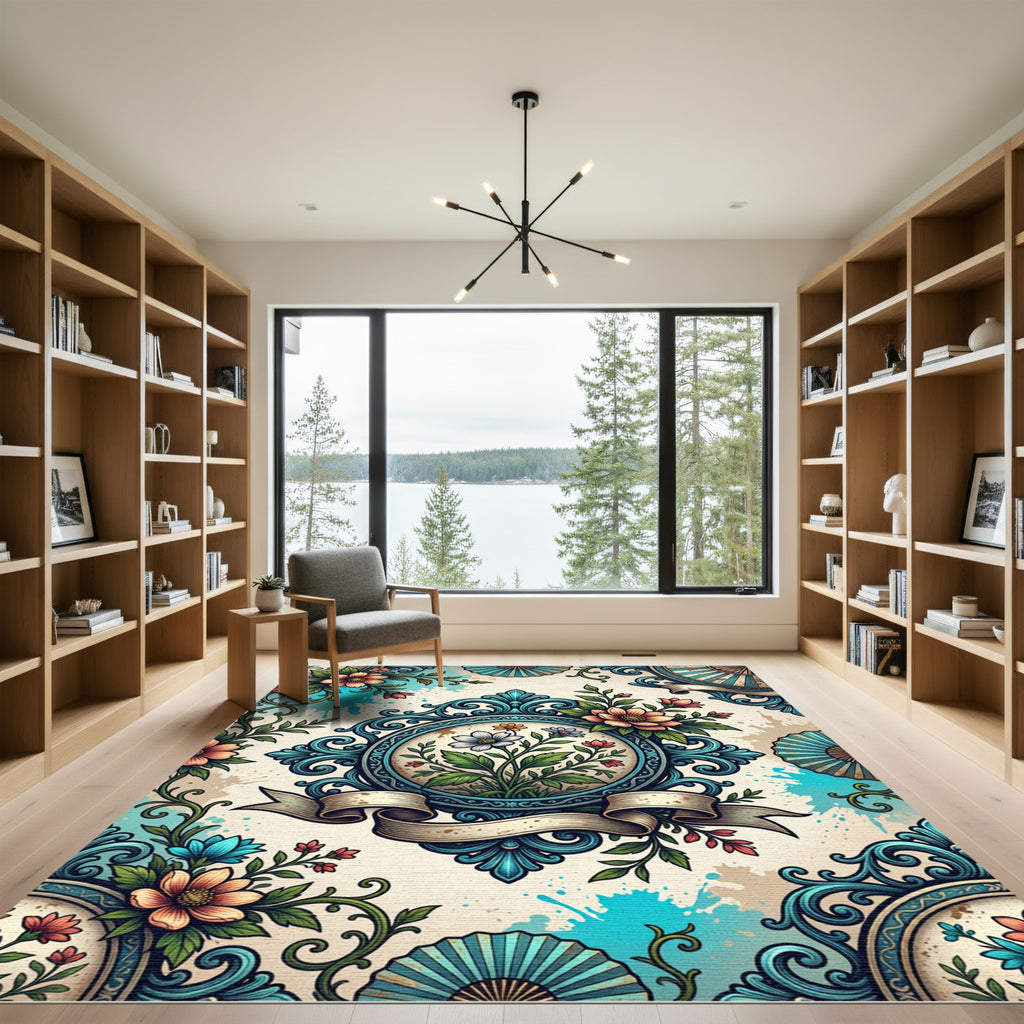 Elegant Teal Floral Baroque Medallion Rug