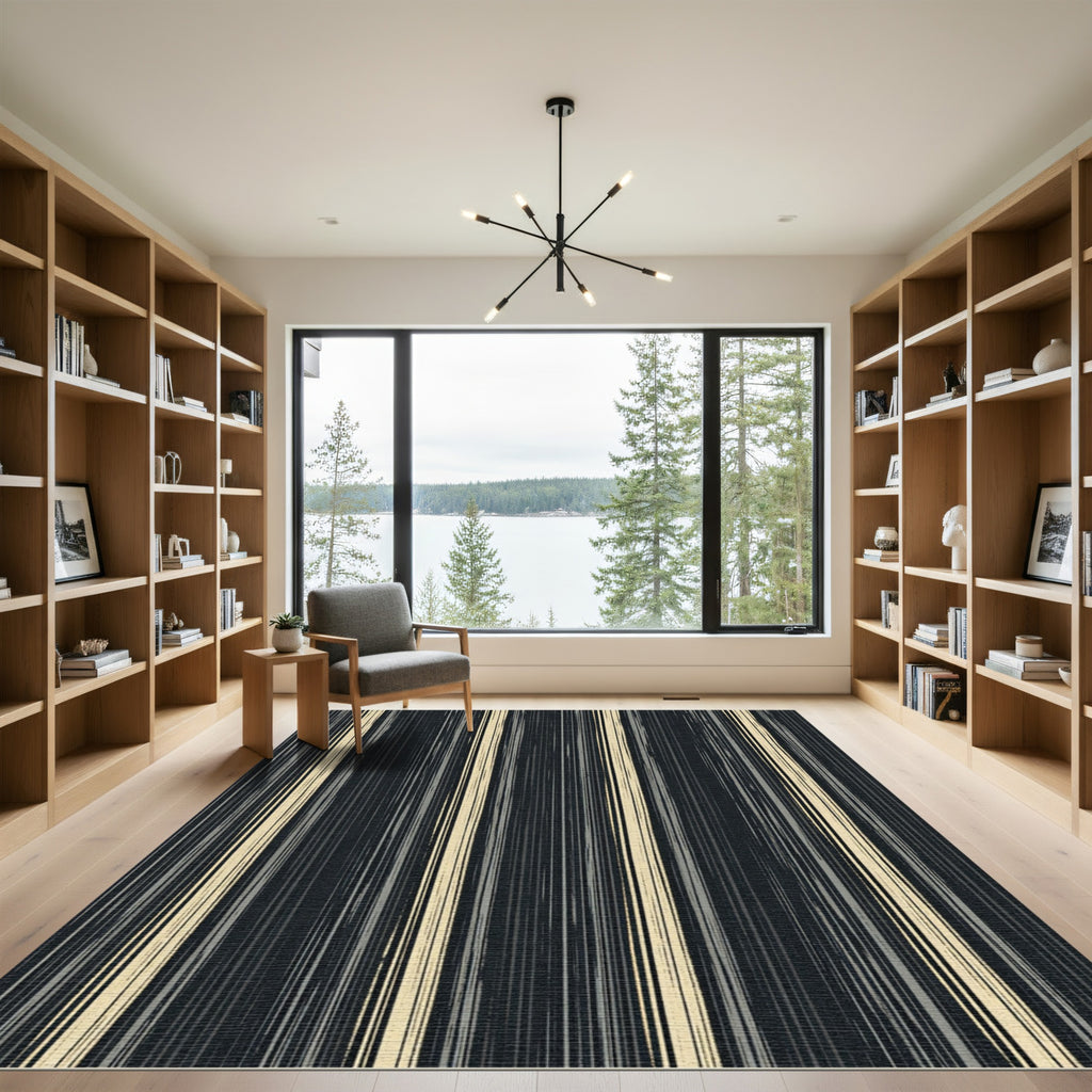 Sophisticated Black and Cream Vertical Stripe Rug