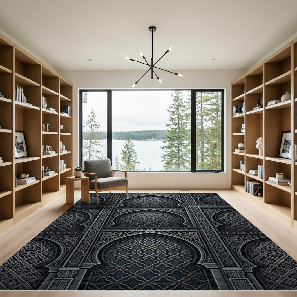 Dark Gray Intricate Arabesque Arch Rug